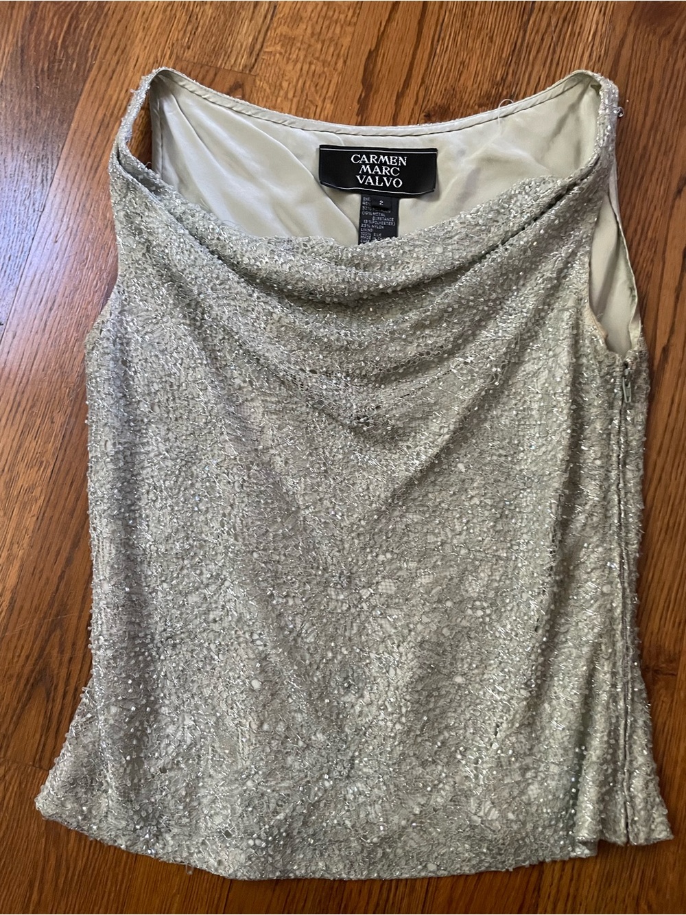 Carmen Marc Valvo Silver Beaded Draped Cowl Neck Top - Size 2